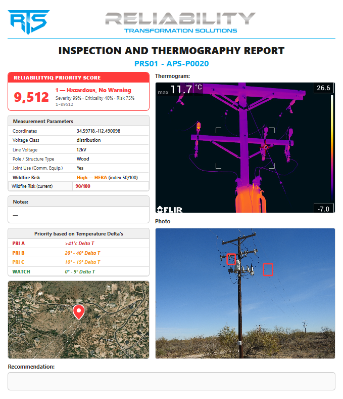 Sample ReliabilityIQ inspection and thermography report for pole APS-P0020