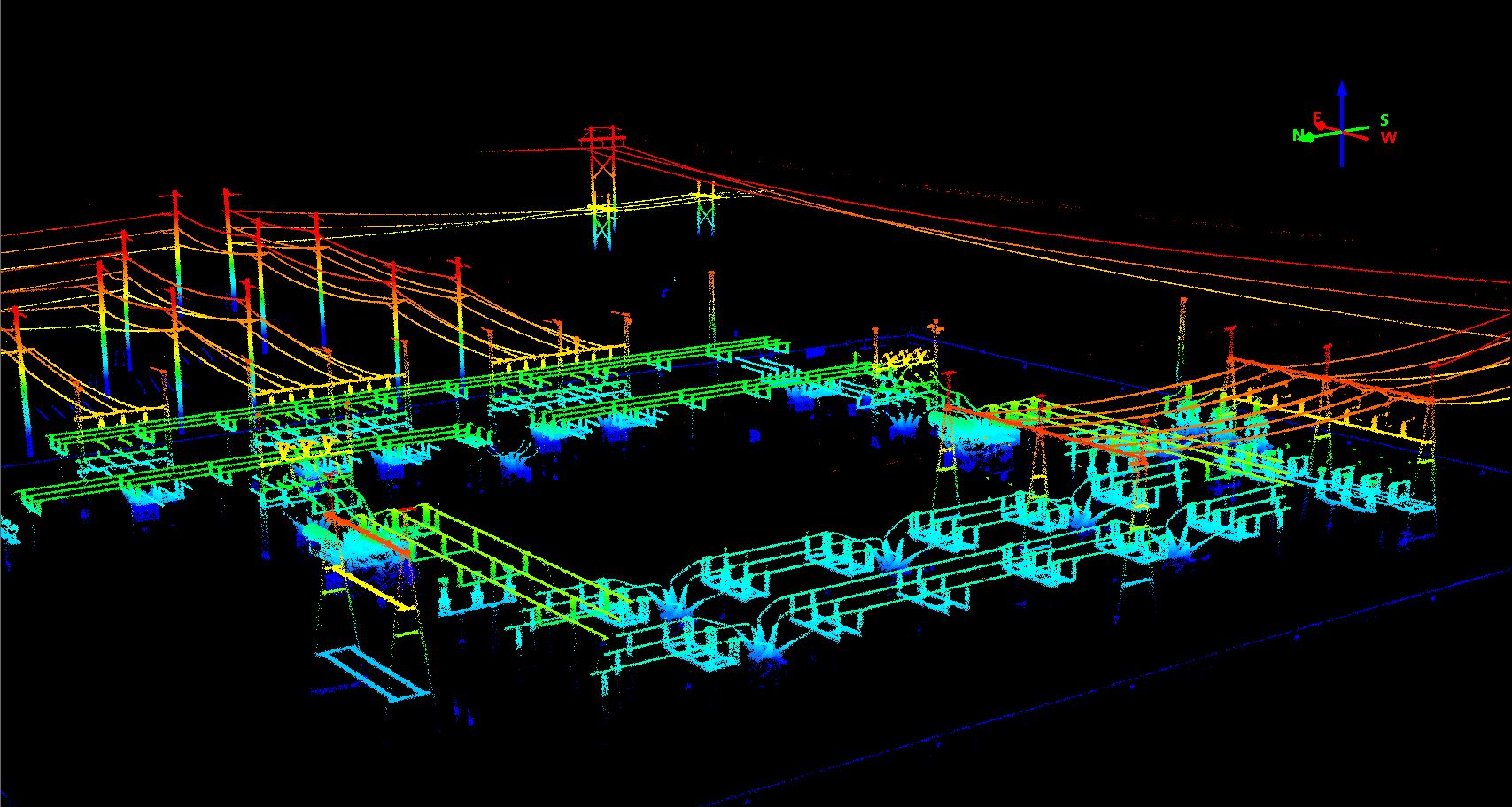 Colorized LiDAR point cloud of a substation
